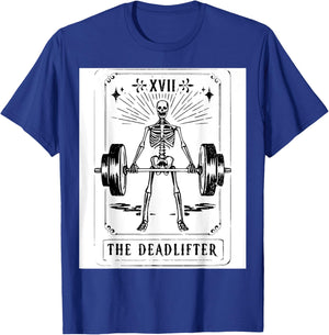 Deadlift Skeleton Tarot Card Fitness Workout Gym Weights T-Shirt - T-Shirt | Royal