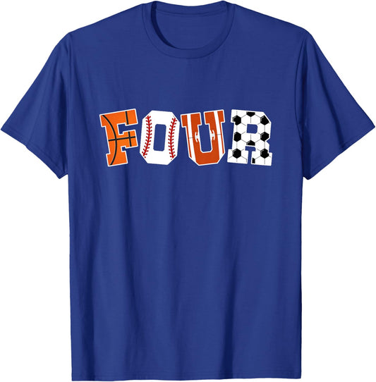 Kids 4th Birthday Sports Birthday Party 4 Year Old Boy T-Shirt - T-Shirt | Royal