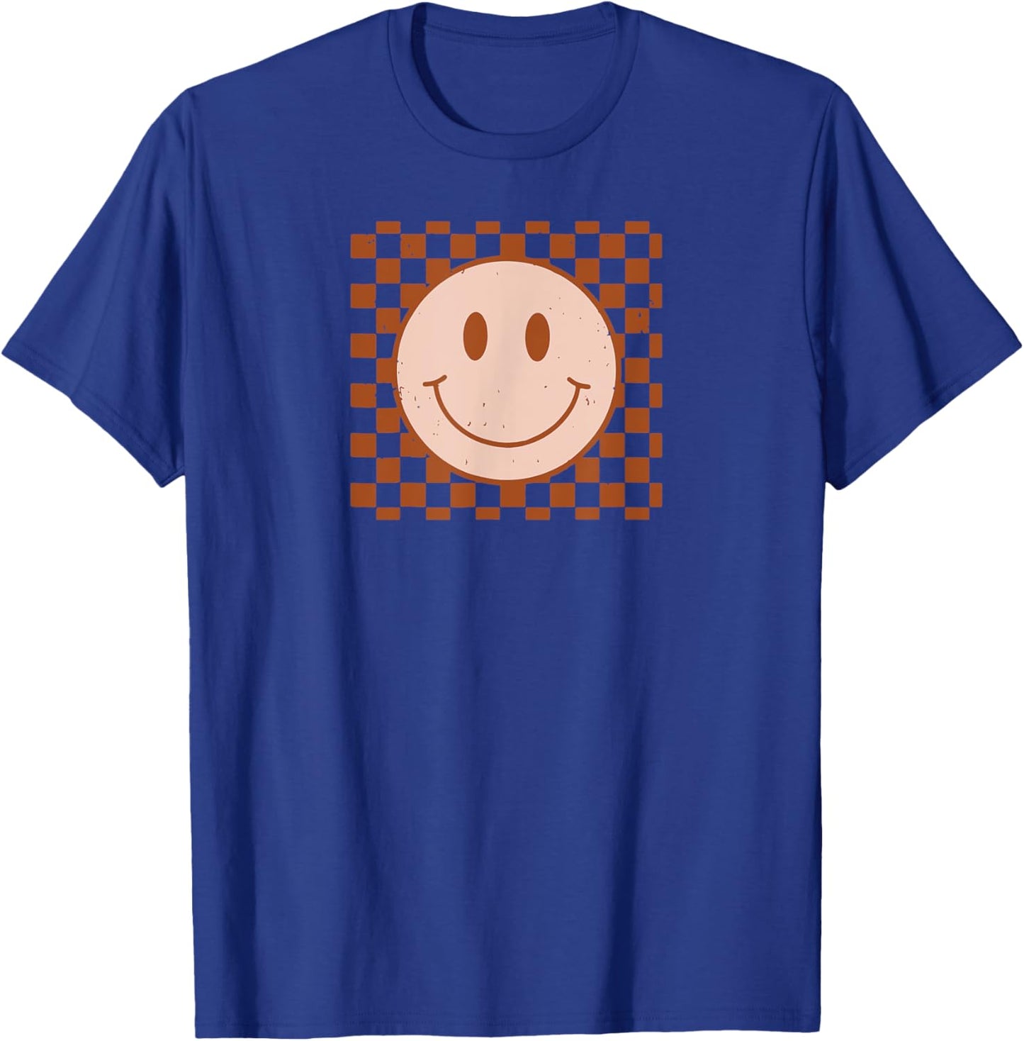 Retro Happy Face Smile Face Checkered Pattern T-Shirt - T-Shirt | Royal