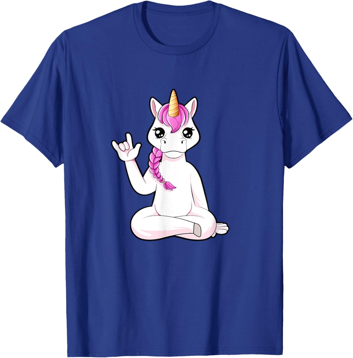 Cartoon unicorn shows I love you - ASL hand gesture T-Shirt - T-Shirt | Royal