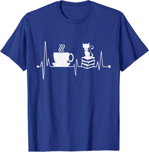 Cat Book Coffee Lover Heartbeat Cat Lover Book Lover T-Shirt - T-Shirt | Royal