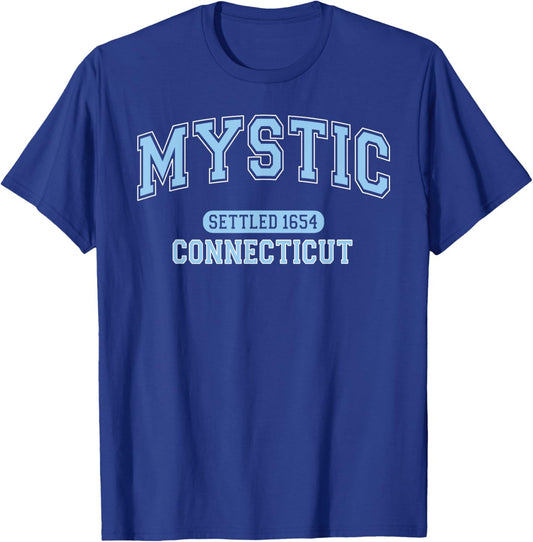 Mystic Connecticut Settled 1654 Vintage Arched Pale Blue T-Shirt - T-Shirt | Royal