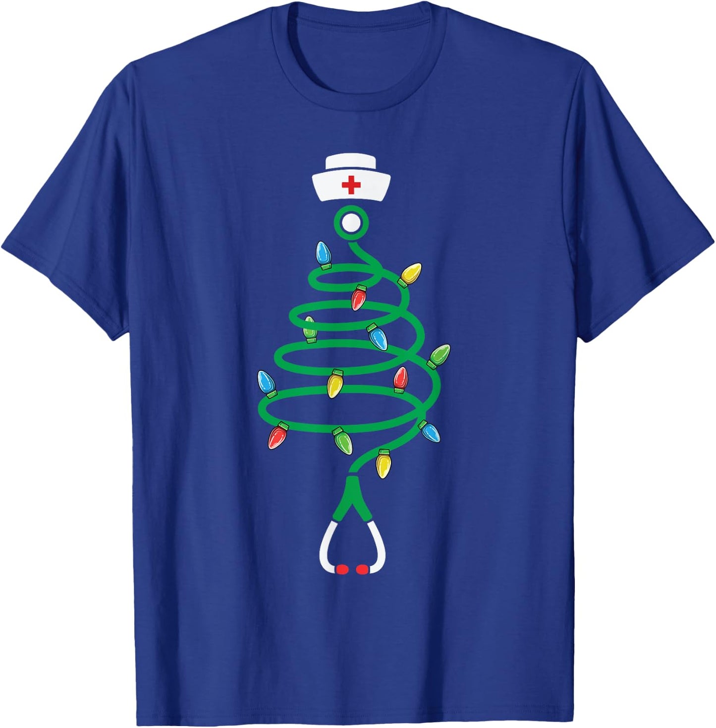 Nurse Christmas Medical Worker Designs Stethoscope Christmas Tree Lights , Adult, Black, Short Sleeve, Small T-Shirt - T-Shirt | Royal