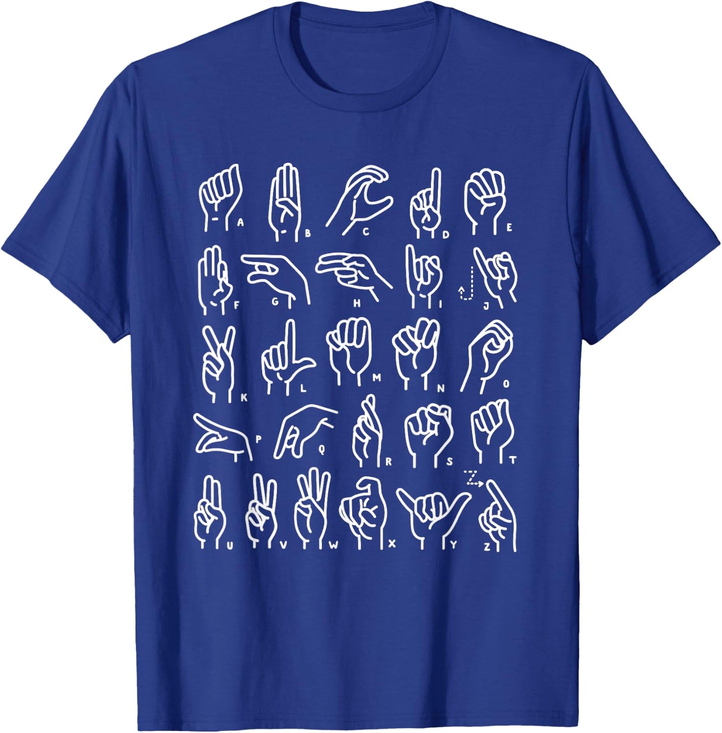 ASL Sign Language Apparel & ABC Sign Language Chart Teacher Hand Letter Alphabet ASL for Kids & Students, , Black, Small, Short Sleeve, Retro Style, Letter Print T-Shirt - T-Shirt | Royal