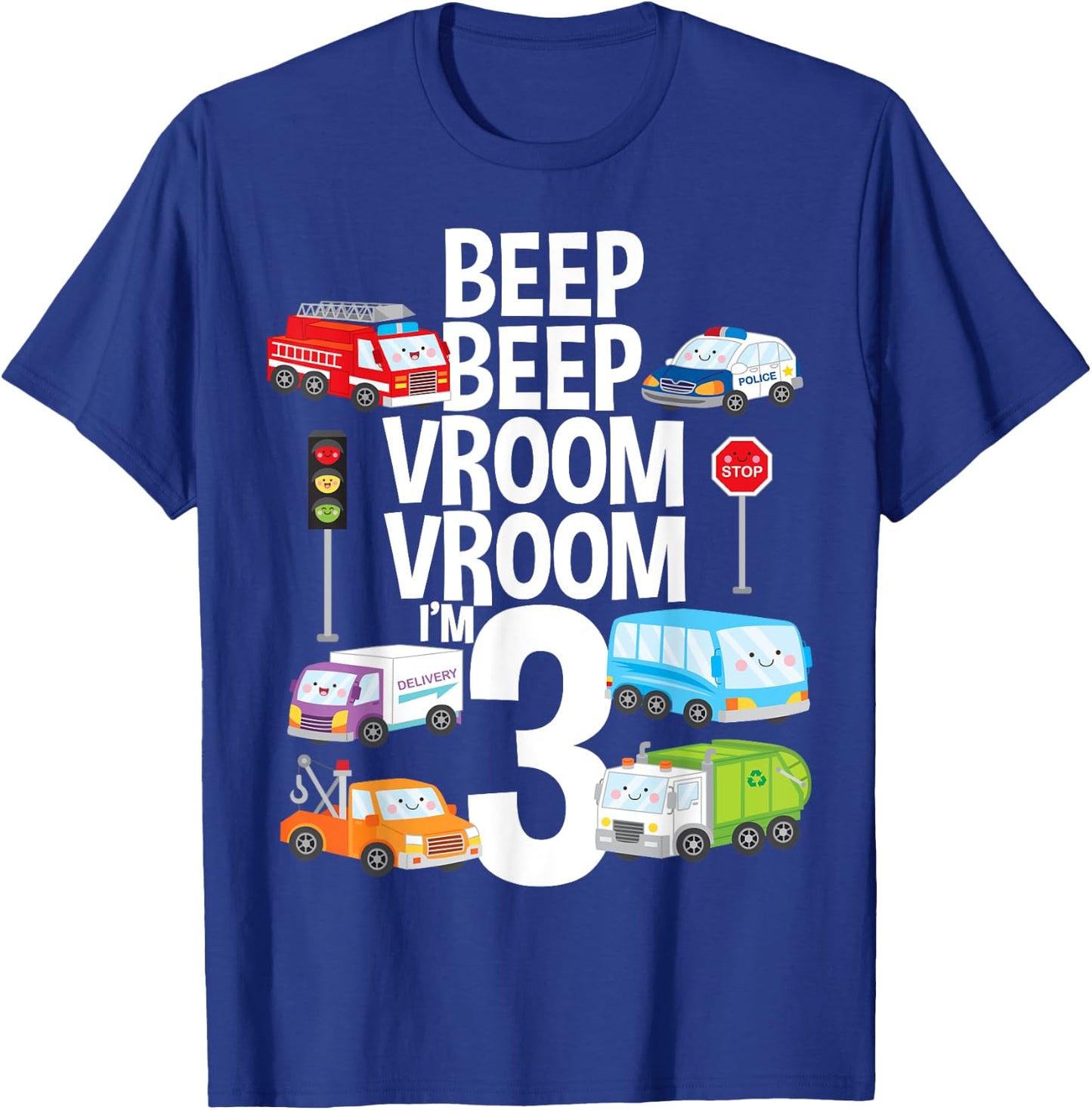 Beep Vroom I'm 3 Trucks Cars Theme Birthday Gift 3 Yrs Old T-Shirt - T-Shirt | Royal
