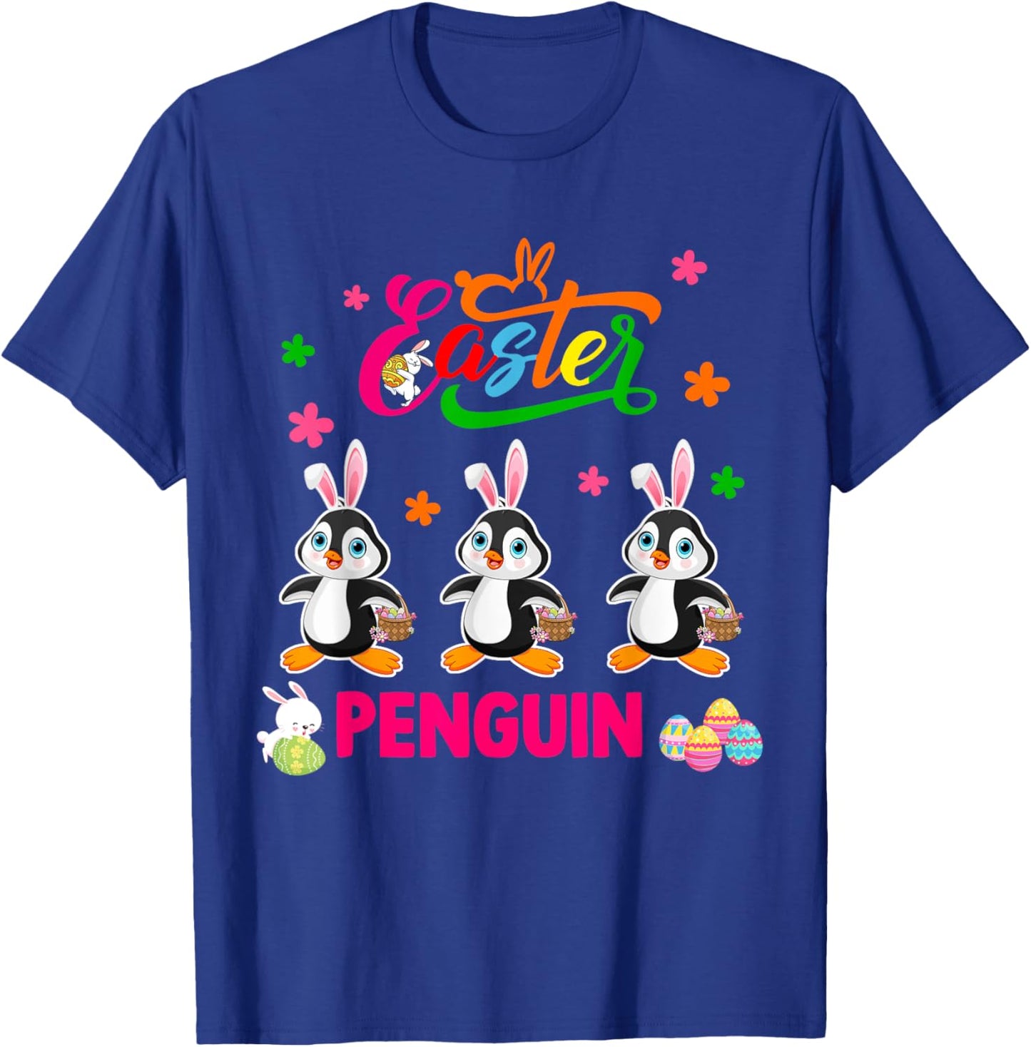 Easter Penguin Three Cute Bunny Penguins Hunting Eggs Basket T-Shirt - T-Shirt | Royal