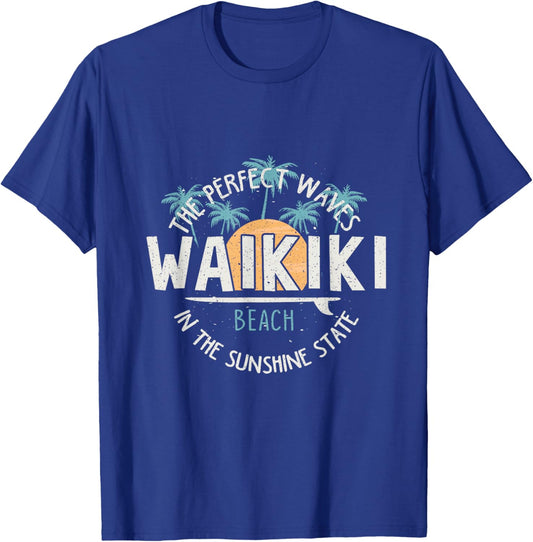 Vintage Sunset Palm Tree Waikiki Hawaii Surfing Vacation T-Shirt - T-Shirt | Royal