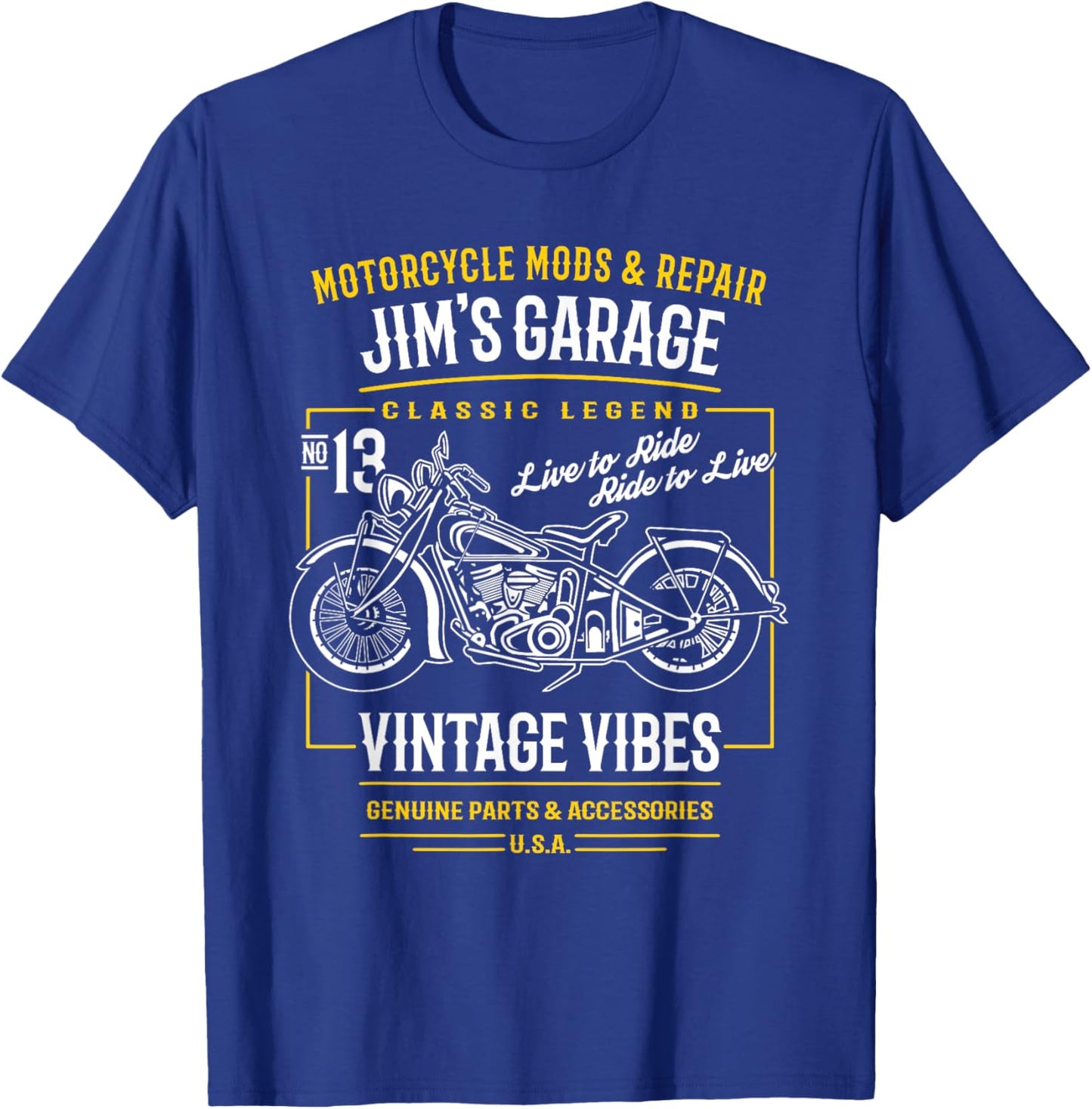 Jim's Garage Vintage Motorcycle Design for the Name Jim T-Shirt - T-Shirt | Royal