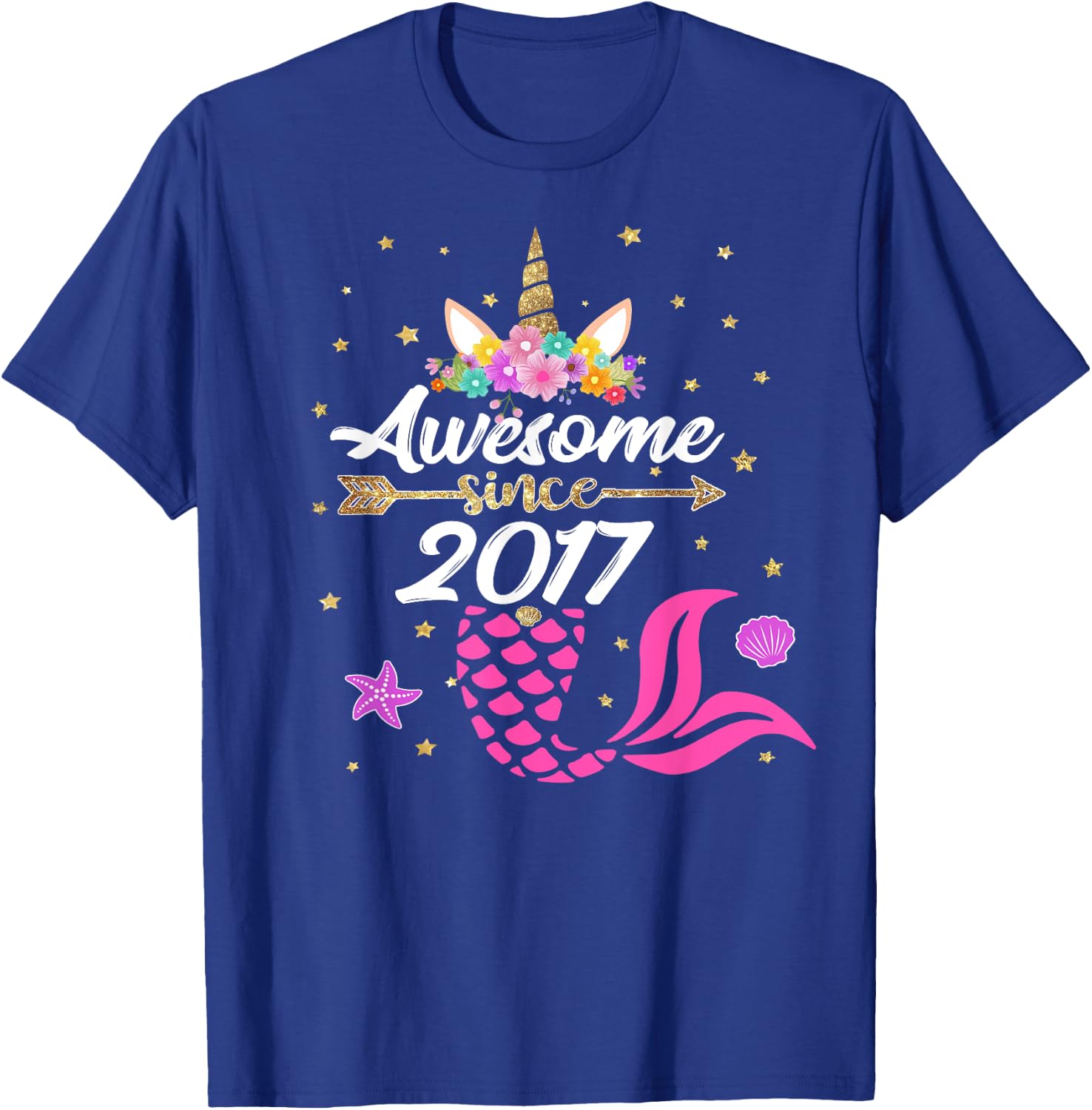 Unicorn Shirt Mermaid Birthday - Awesome Since 2017 Gift T-Shirt - T-Shirt | Royal