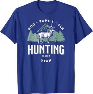 Utah God, Family, Elk Hunting Season Illustration T-Shirt - T-Shirt | Royal