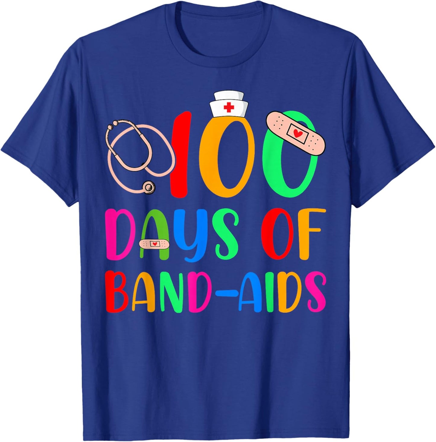 100 Days Of Band Aids School Nurse 100th Day Of School T-Shirt - T-Shirt | Royal