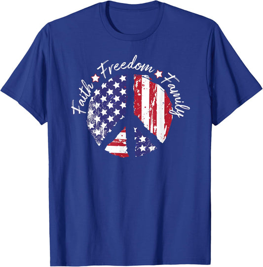 Patriotic Peace Sign USA Flag Faith Freedom Family T-Shirt - T-Shirt | Royal