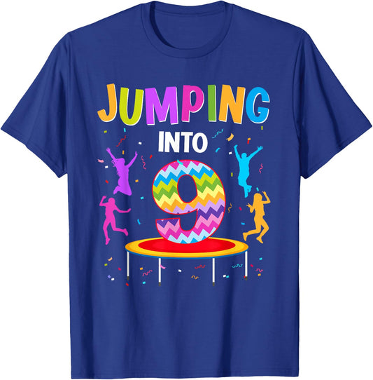Jumping Into 9th Birthday Trampoline 9 Year Old Jumper T-Shirt - T-Shirt | Royal