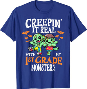 Creepin It Real Monster School 1st Grade Teacher Halloween T-Shirt - T-Shirt | Royal