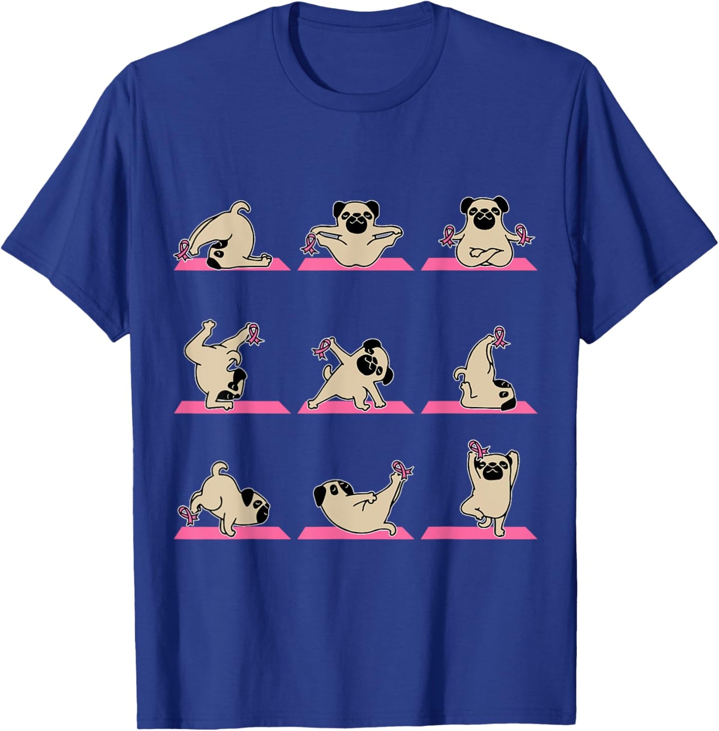 Pug Yoga Pink Ribbon Funny Dog Breast Cancer Awareness Gifts Women Kids T-Shirt - T-Shirt | Royal