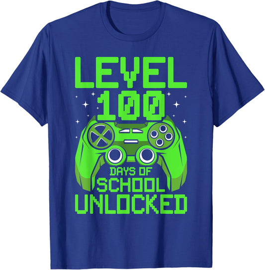 100th Day of School Boys Level 100 Days of School Unlocked T-Shirt - T-Shirt | Royal