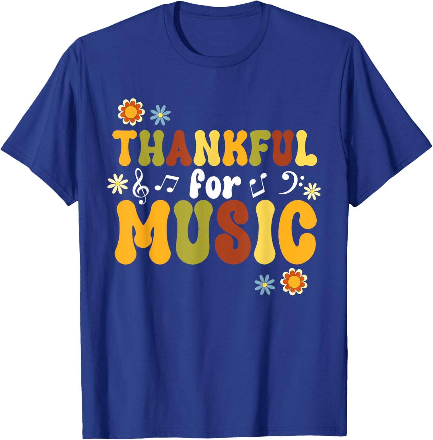 Retro Thankful For Music Floral Music Teacher Thanksgiving Men Women T-Shirt - T-Shirt | Royal
