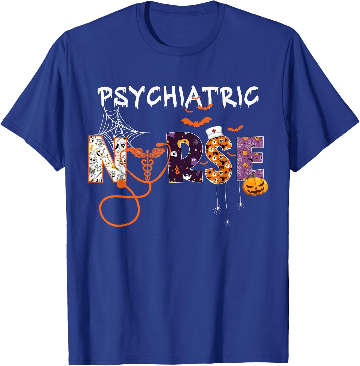 Psych Nurse Psychiatric Nursing Halloween Spooky Stethoscope T-Shirt - T-Shirt | Royal