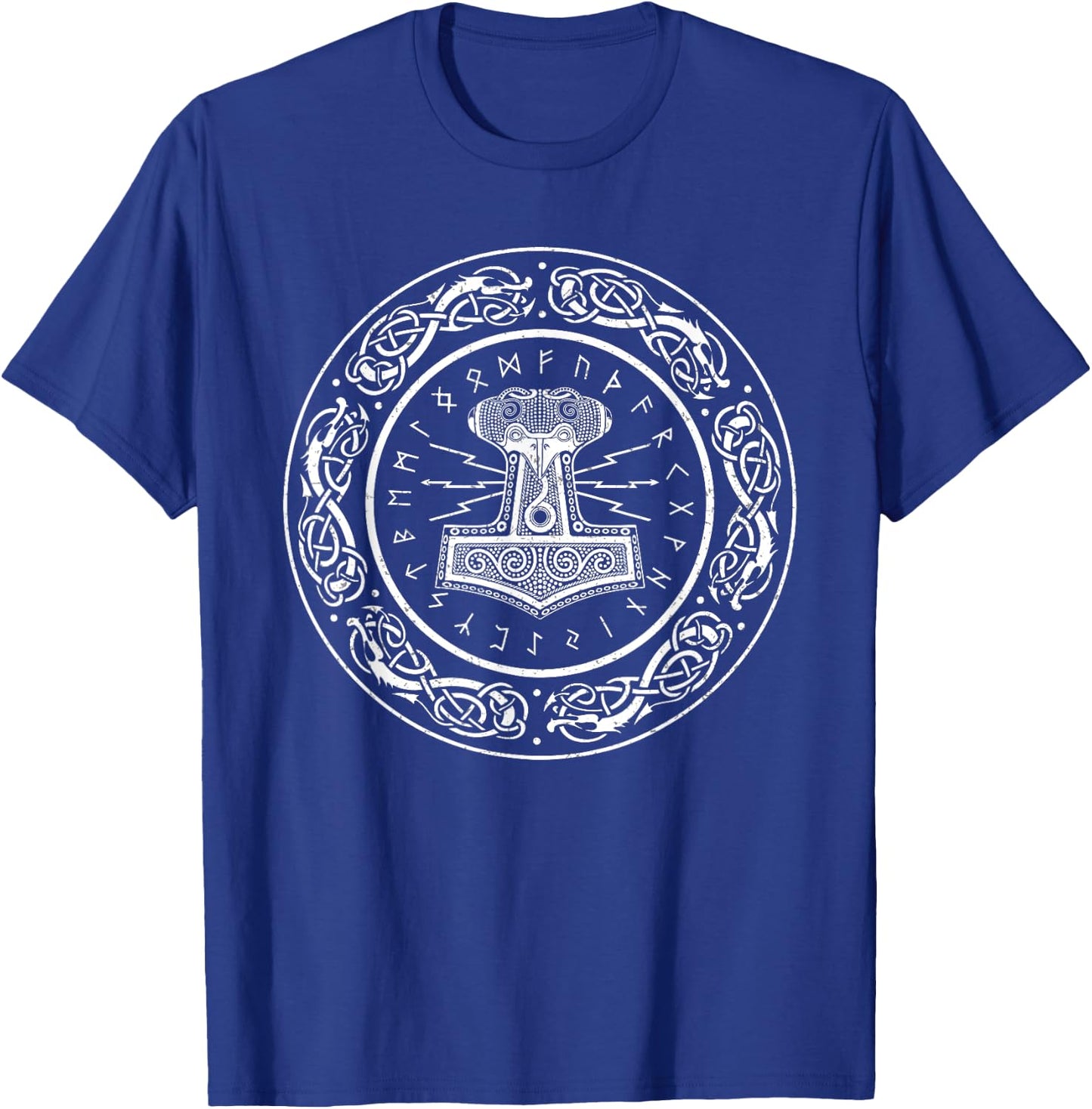 Thor Hammer Mjolnir in Circle of Norse Runes Fenrir Wolf T-Shirt - T-Shirt | Royal