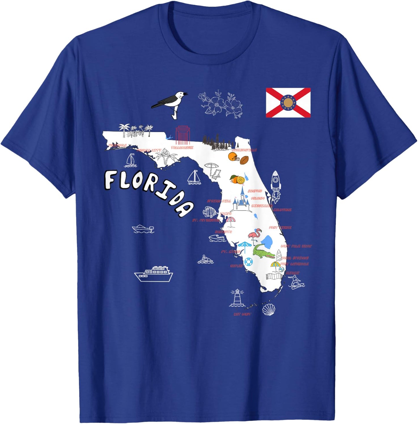 Florida State Map tourist attractions cities flag T-Shirt - T-Shirt | Royal