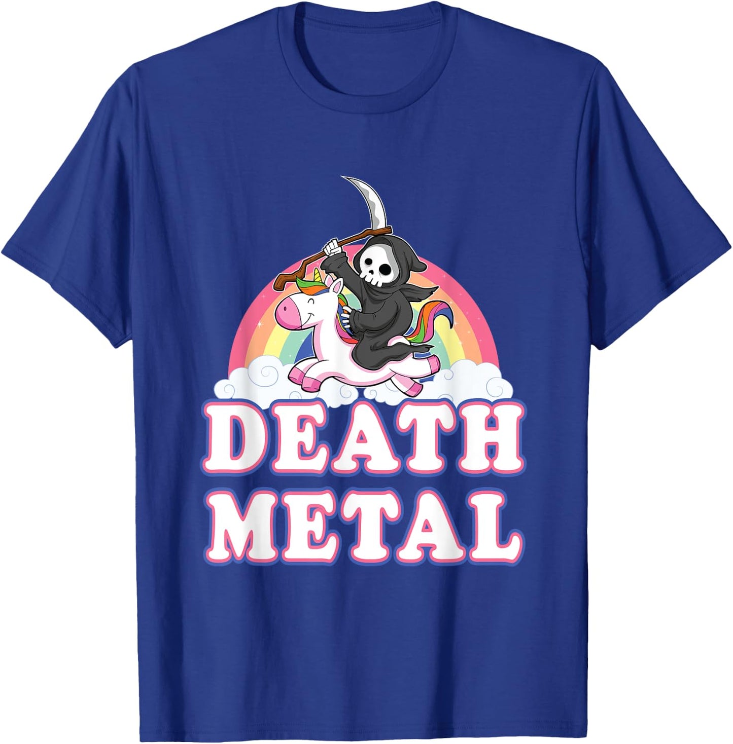 Death Metal Rock Music Rainbow Grim Reaper Riding Unicorn T-Shirt - T-Shirt | Royal