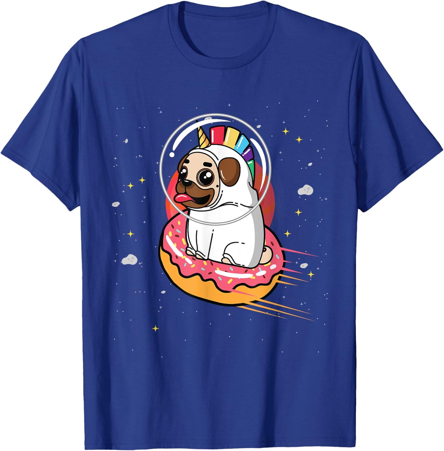 Pug in Rainbow Unicorn Costume riding Donut in Space T-Shirt - T-Shirt | Royal