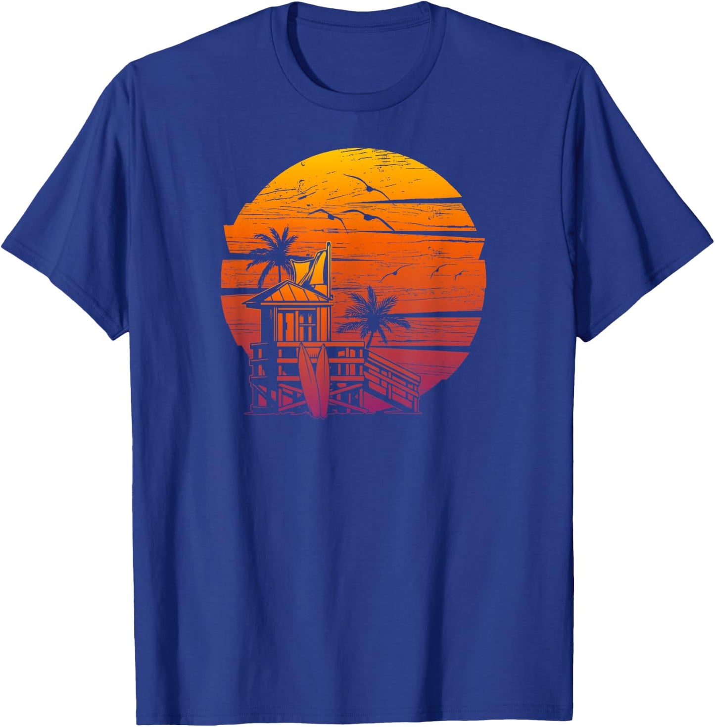 Vintage Beach Lifeguard Tower Distressed Sunset T-Shirt - T-Shirt | Royal