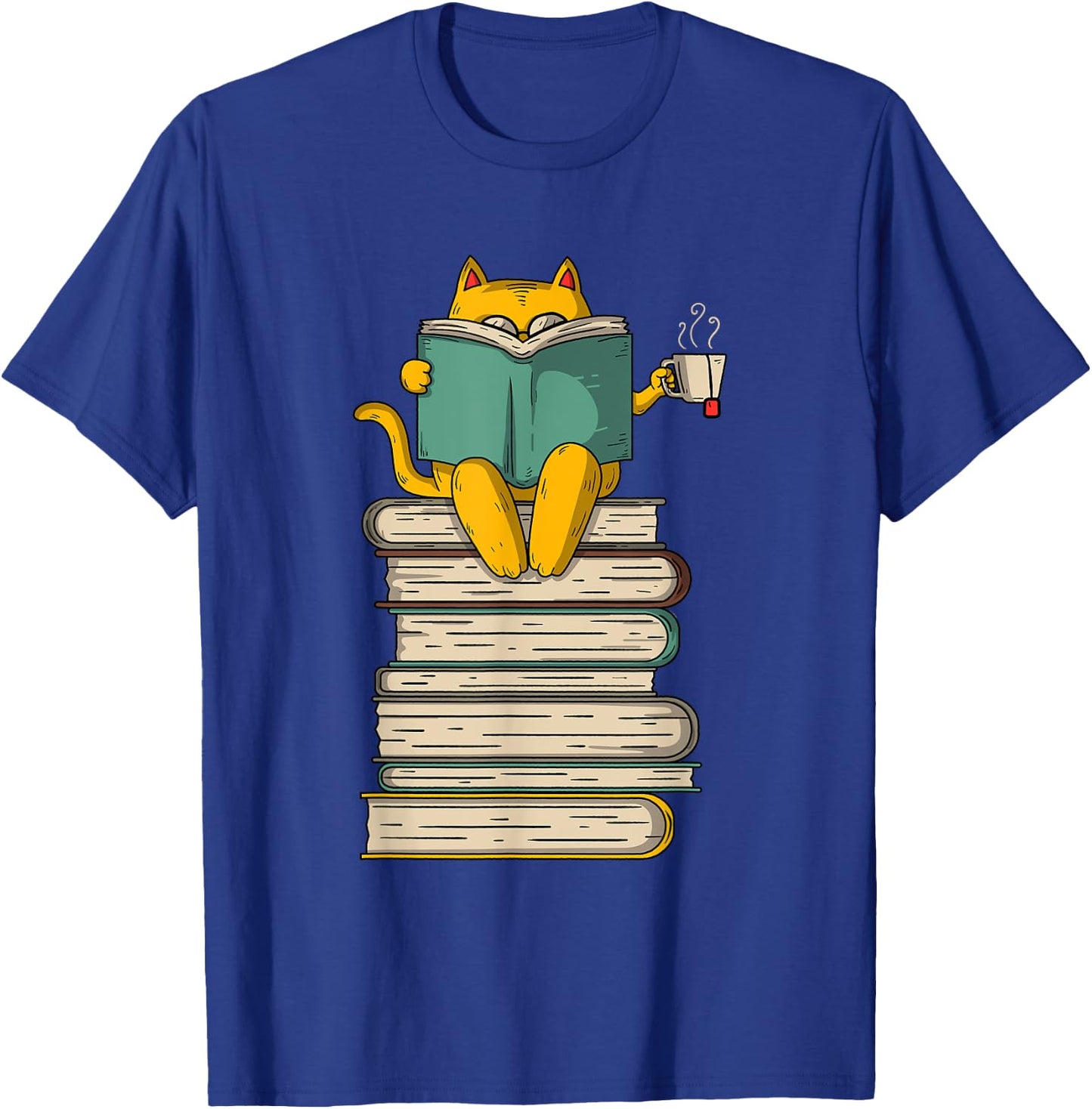 Reading Cat - Funny Book & Tea Lover Gift Short Sleeve T-Shirt - T-Shirt | Royal
