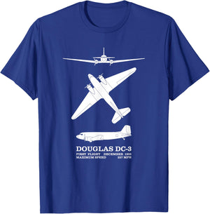 Douglas DC-3 WW2 Airliner Silhouettes Infographic T-Shirt - T-Shirt | Royal