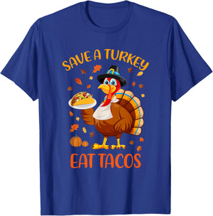 Save A Turkey Eat Tacos Funny Thanksgiving Men Women Kids T-Shirt - T-Shirt | Royal