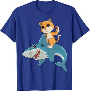 Cat Riding Shark Cat Lovers Shark Lovers Women Kids T-Shirt - T-Shirt | Royal