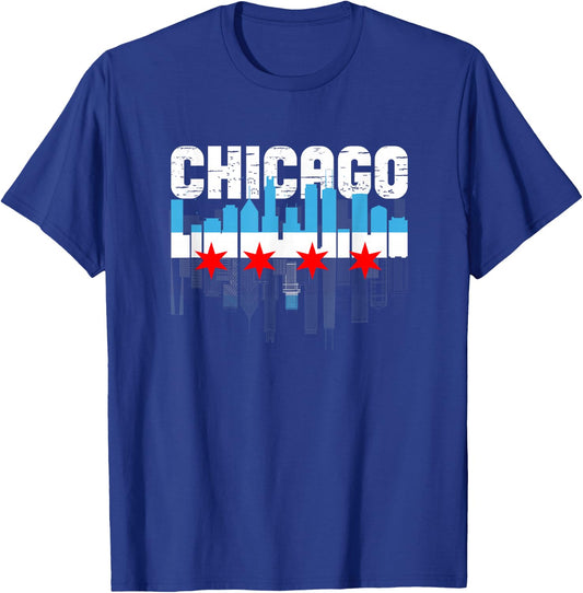 Vintage Chicago Illinois Flag Skyline Chicago Flag Lover T-Shirt - T-Shirt | Royal