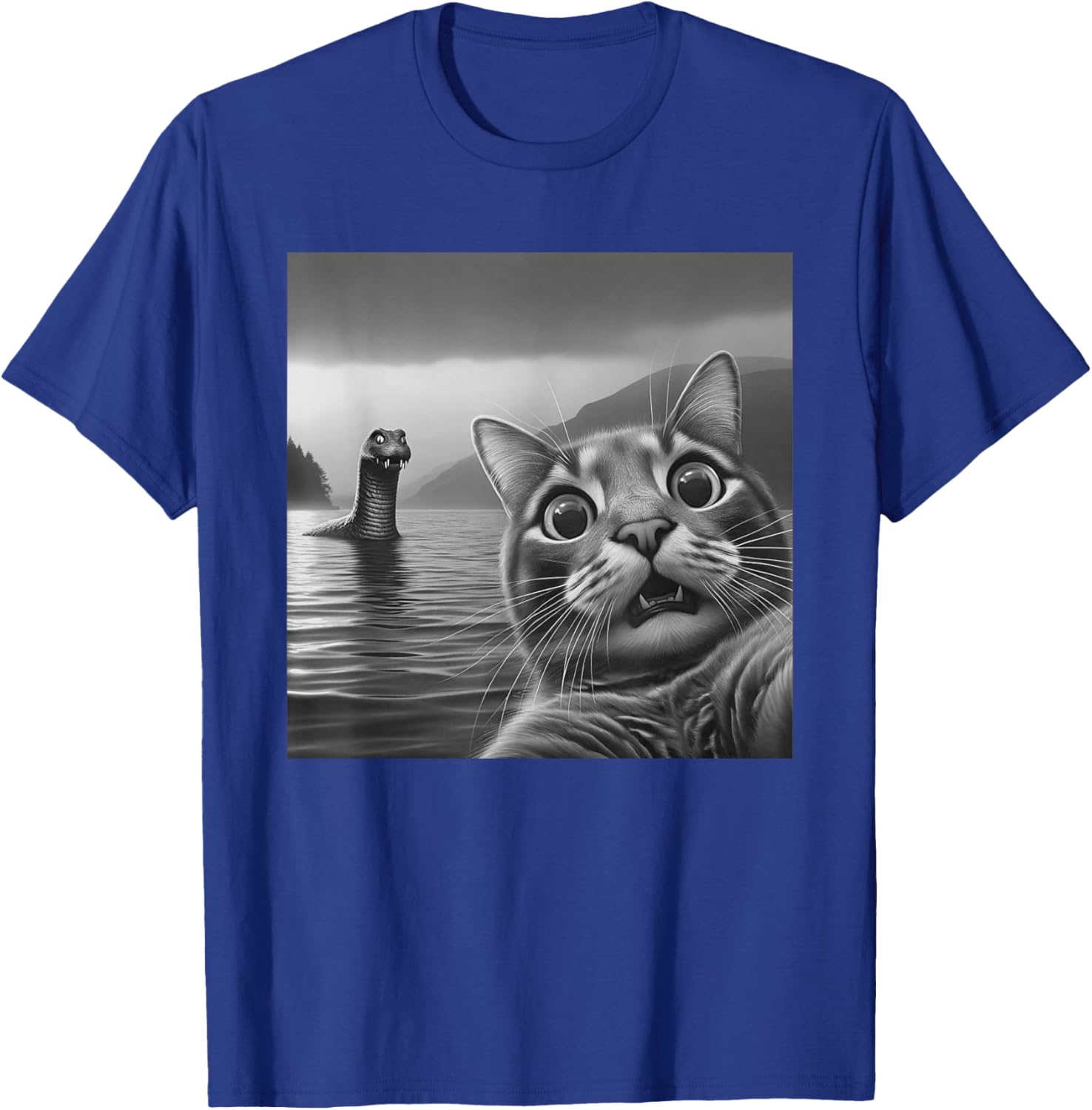 Funny Surprised Cat Selfie with Loch Ness Monster Nessie Women Girls Kids T-Shirt - T-Shirt | Royal