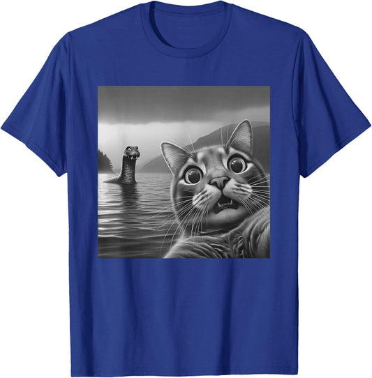 Funny Surprised Cat Selfie with Loch Ness Monster Nessie Women Girls Kids T-Shirt - T-Shirt | Royal