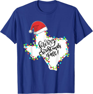 Texas Merry Christmas Y'all State Santa Hat & Lights T Shirt T-Shirt - T-Shirt | Royal