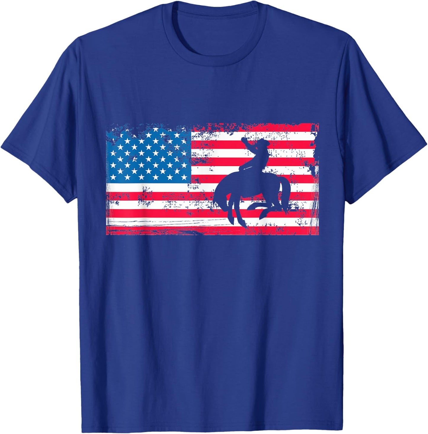 Retro American Flag Rodeo Bronc Horse Riding Cowboy Cowgirl T-Shirt - T-Shirt | Royal