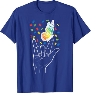 Asl Love Sign Butterfly Puzzle Autism Awareness Sped Teacher T-Shirt - T-Shirt | Royal