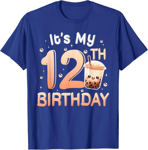 It's My 12th Birthday Bubble Boba Tea Party 12 Year Old Girl T-Shirt - T-Shirt | Royal