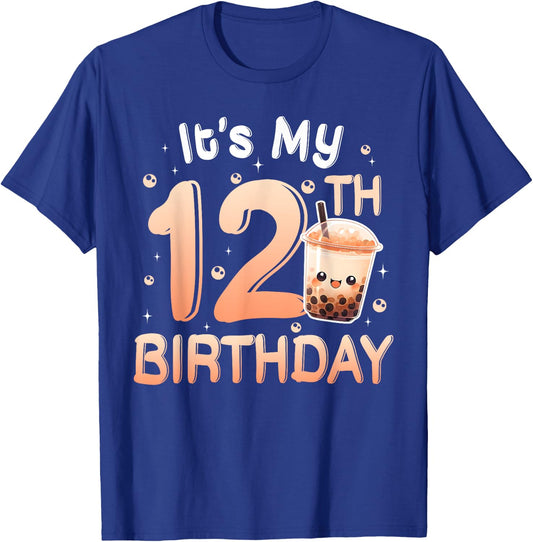 It's My 12th Birthday Bubble Boba Tea Party 12 Year Old Girl T-Shirt - T-Shirt | Royal