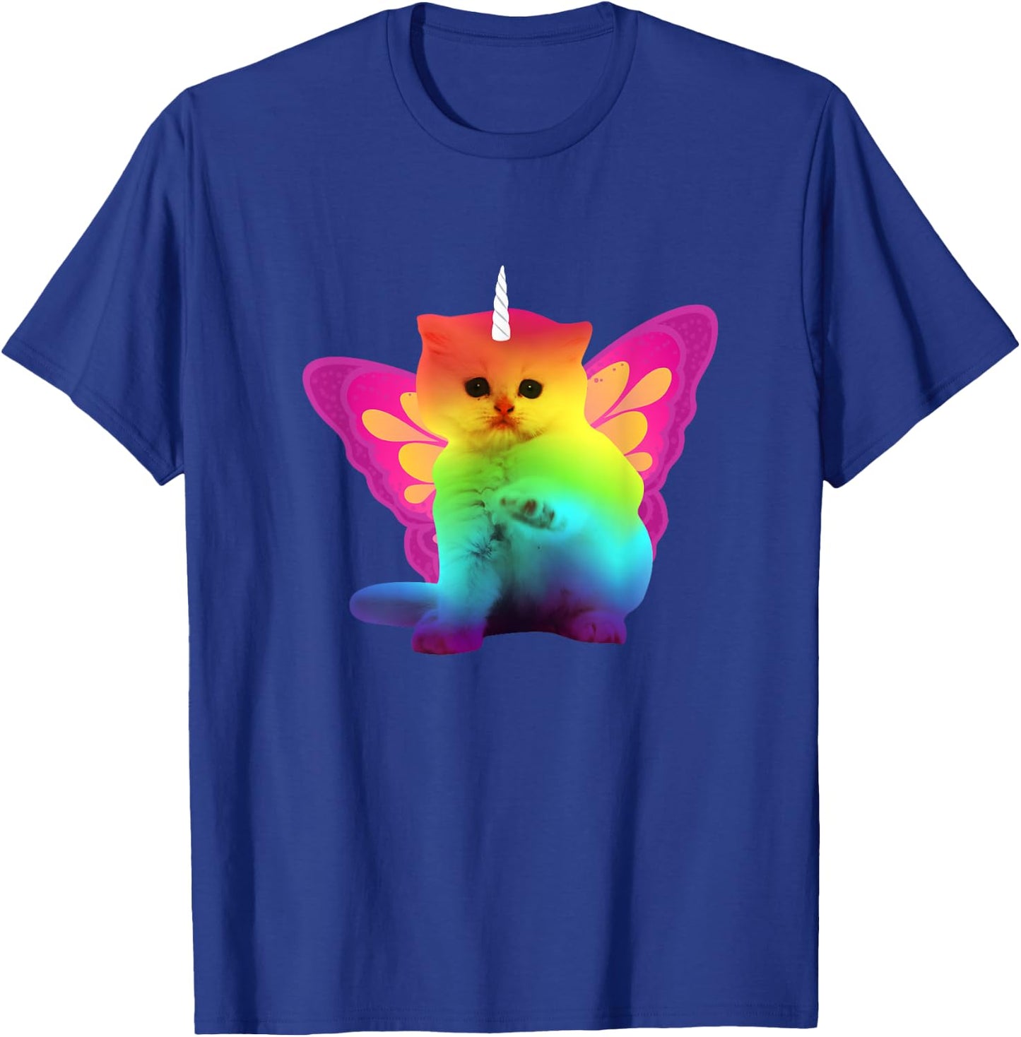 Unicorn Cat With Rainbow Butterfly Wings Men Women Girls Kids T-Shirt - T-Shirt | Royal