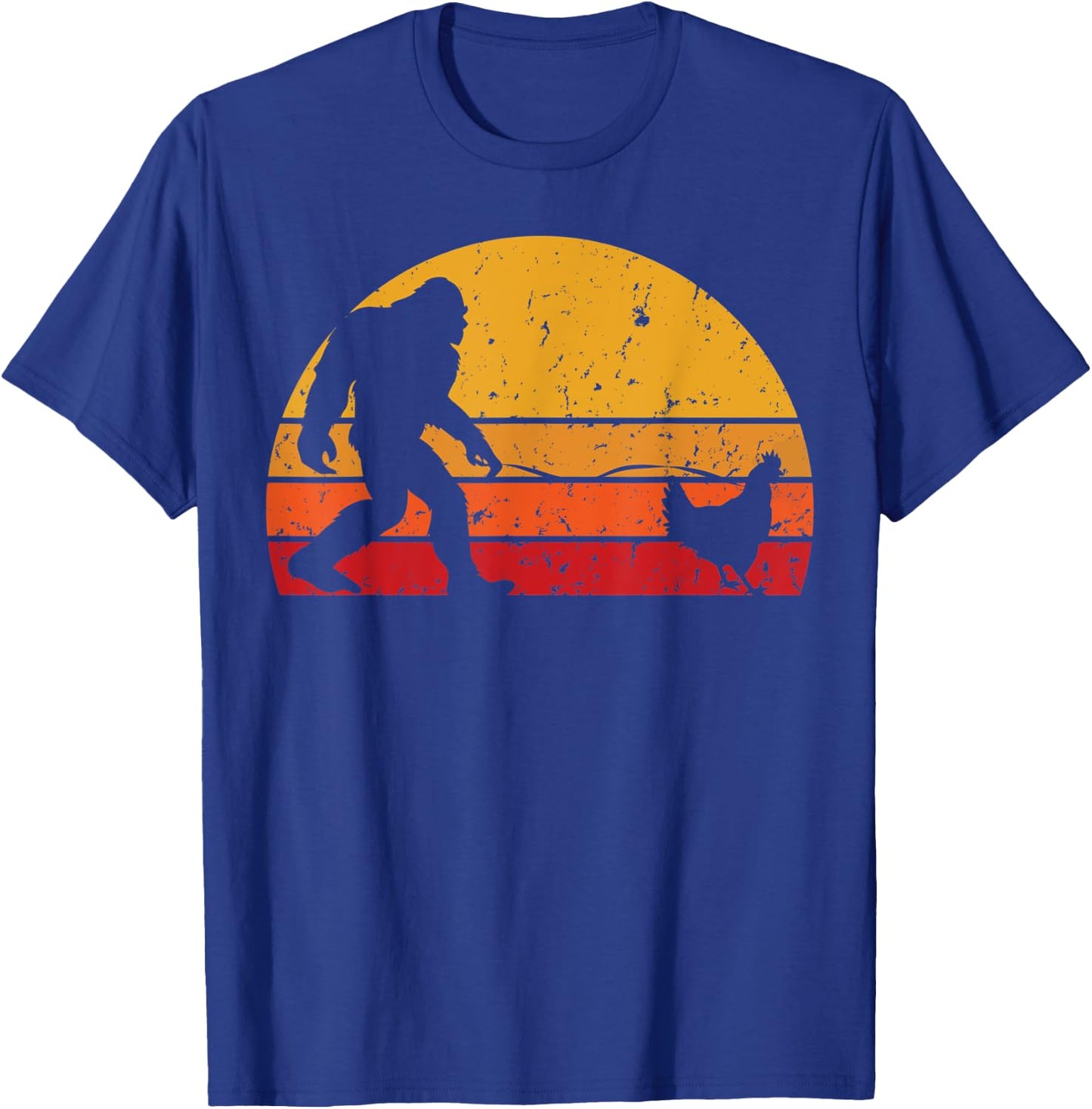 Vintage Sunset Bigfoot Walking Chicken Funny T-Shirt - T-Shirt | Royal