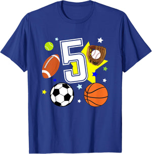 Kids 5th Birthday Sports Birthday Theme 5 Year Old Boy T-Shirt - T-Shirt | Royal