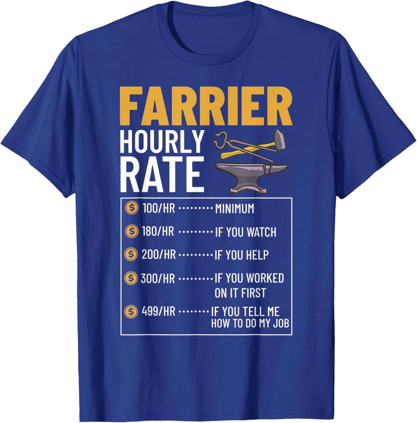 Farrier Horseshoe Hoof Tools Hammer Trimming T-Shirt - T-Shirt | Royal