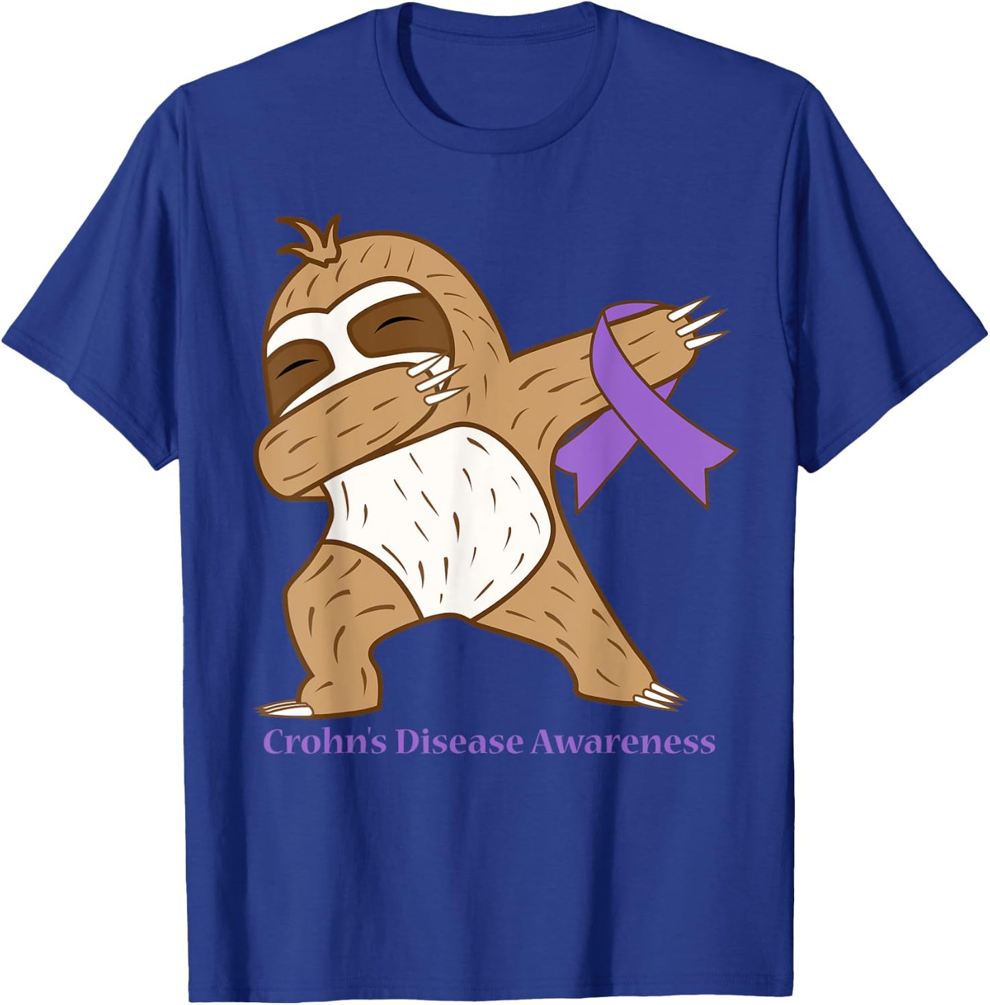 Crohn's Disease Awareness Ribbon Dabbing Sloth Warrior Gift T-Shirt - T-Shirt | Royal