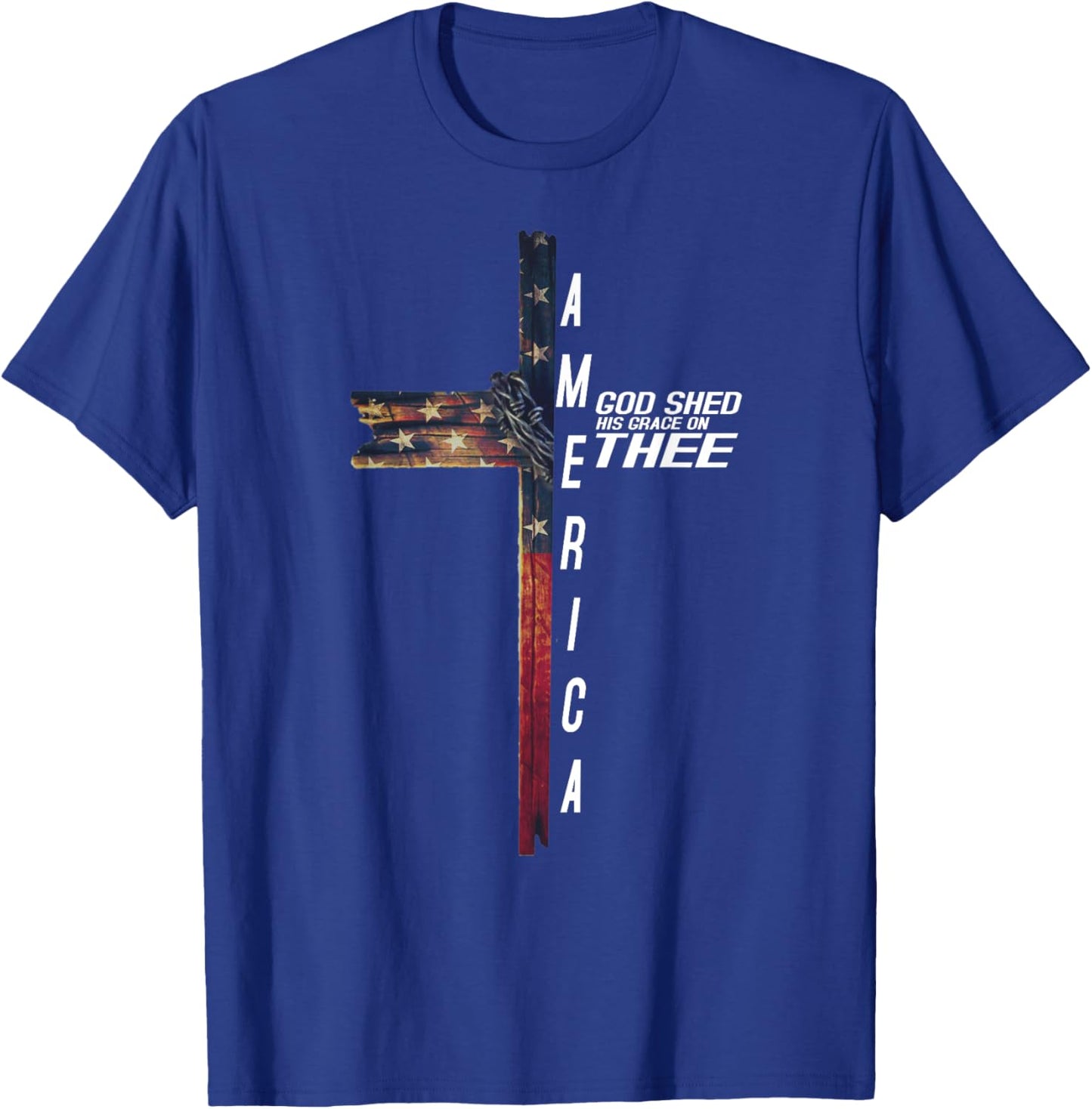 Cross With Flag USA America God Shed His Grace on Thee T-Shirt - T-Shirt | Royal