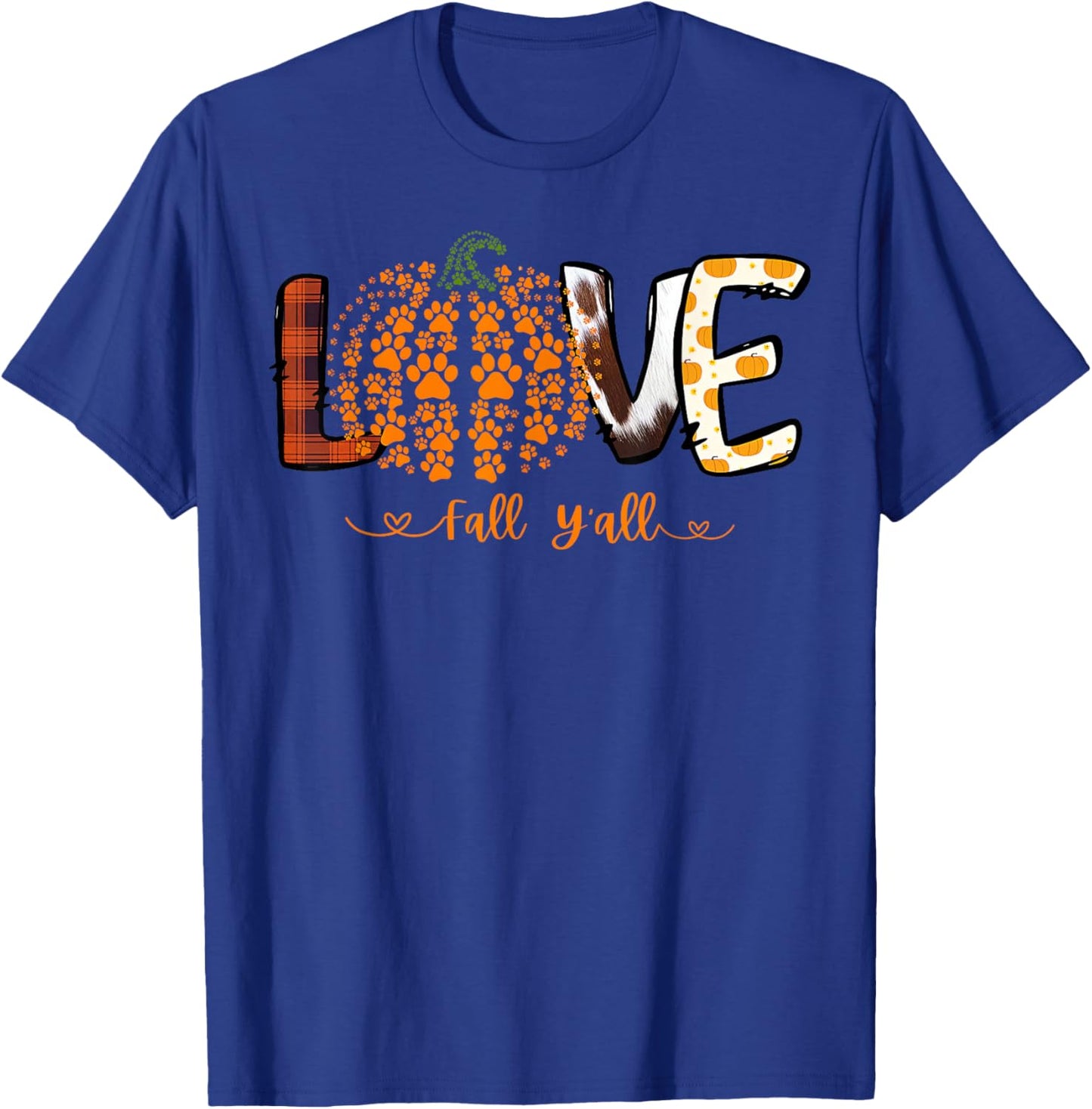 Love Fall Y'all Pumpkin Dog Paw Print Autumn Falling Women Kids T-Shirt - T-Shirt | Royal