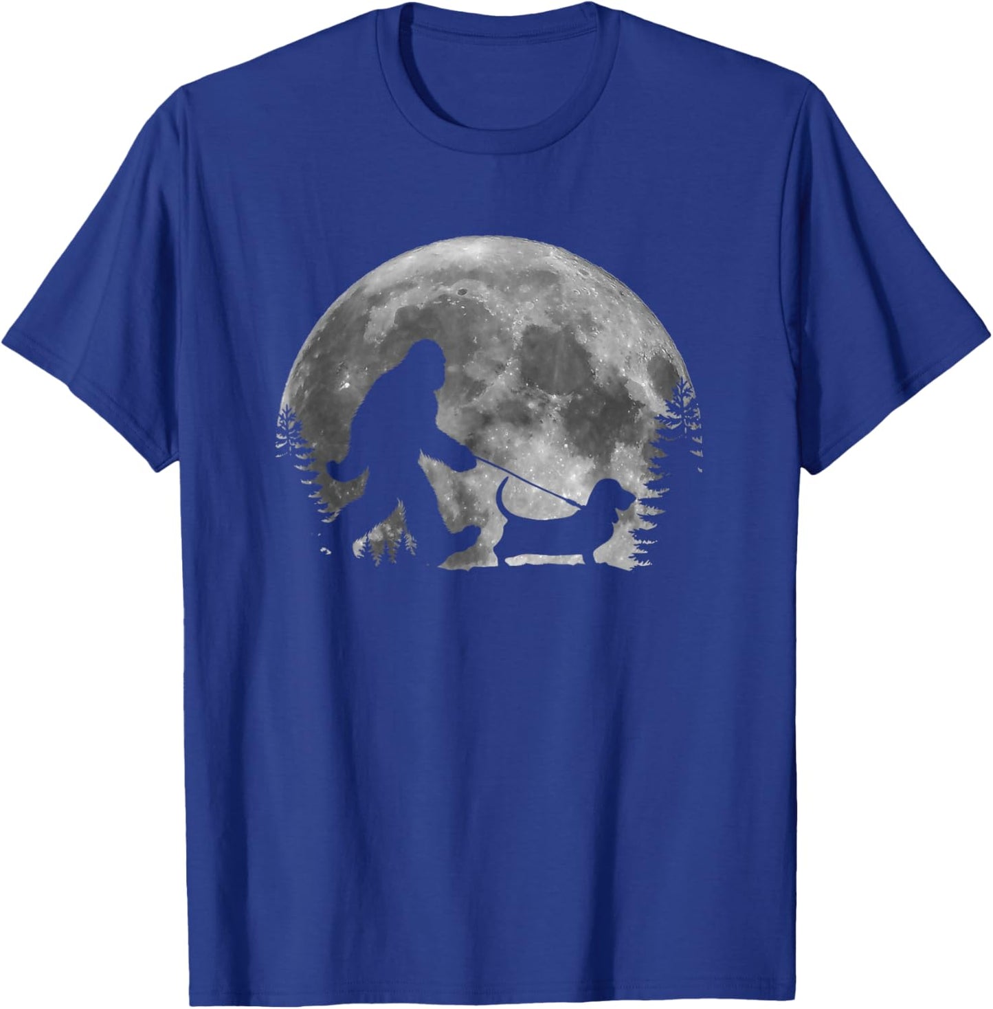 Bigfoot Walking a Dog Funny Basset Hound Moon Halloween Women Kids T-Shirt - T-Shirt | Royal