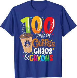 100 Days of Coffee Chaos & Crayons - 100 Days School Teacher Women T-Shirt - T-Shirt | Royal
