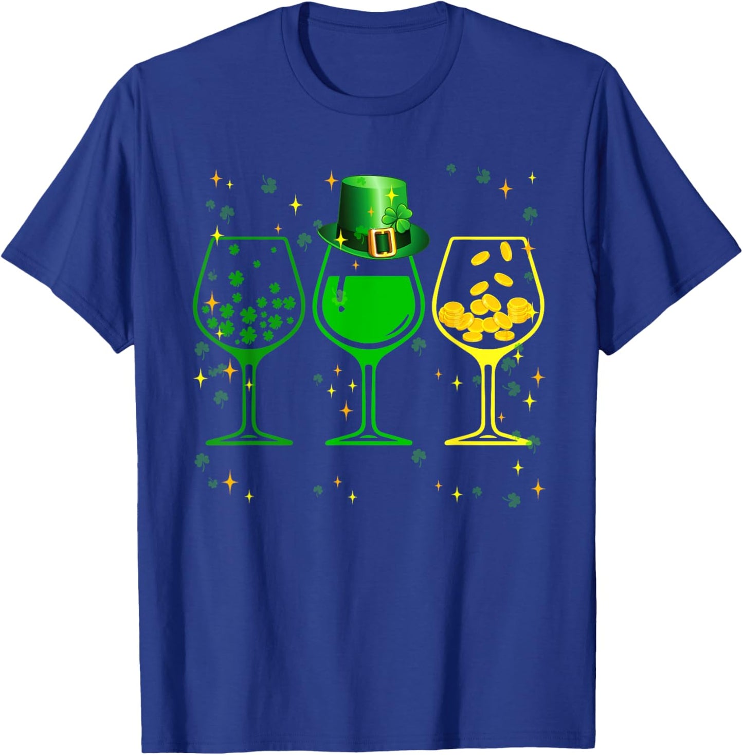 Three Wine Glasses Clover Shamrock St Patrick day Irish gift T-Shirt - T-Shirt | Royal