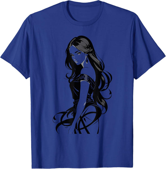 Sexy Waifu Anime Girl Japanese in Black and White Art T-Shirt - T-Shirt | Royal